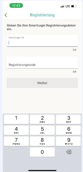Eingabe SmartLogin-ID und Registrierungscode