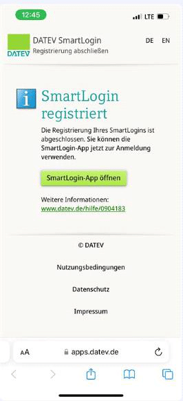 Bestätigung der Registrierung: SmartLogin-App öffnen