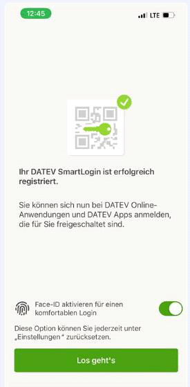 Registrierung erfolgreich: Face ID aktivieren, Los geht's